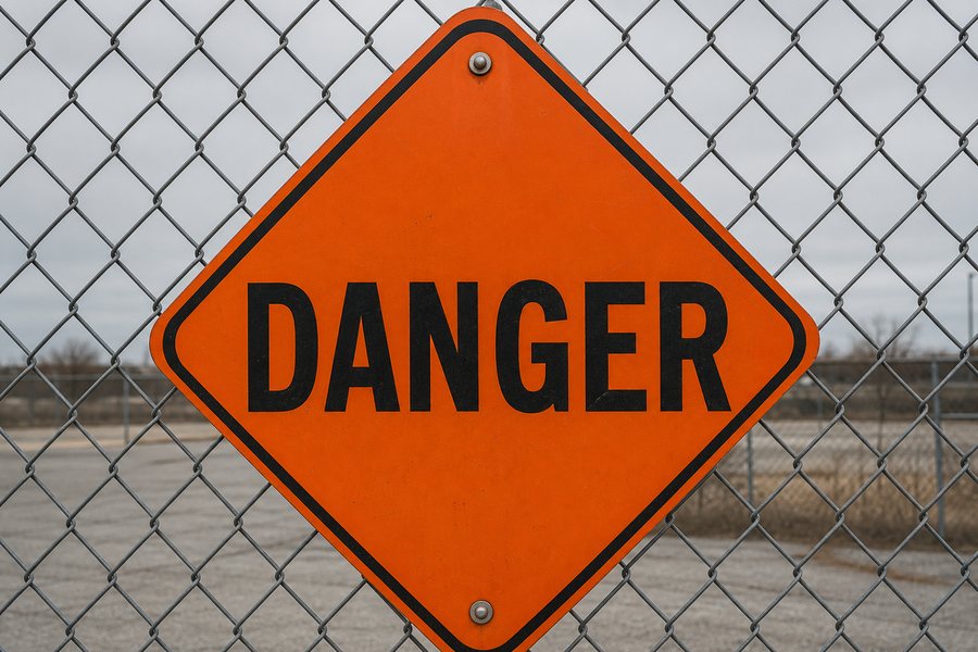 Orange danger sign on a chain-link fence